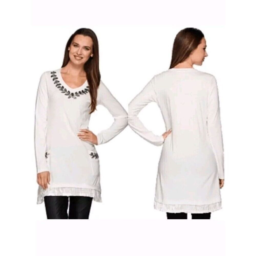 LOGO Lavish by Lori Goldstein Womens XXS Beaded‎ Top Velvet Trim Pockets